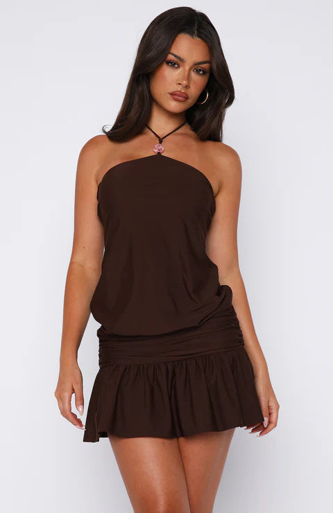 Damen Unterkleid mit verstellbarem Halterneck und Rüschensaum R&B