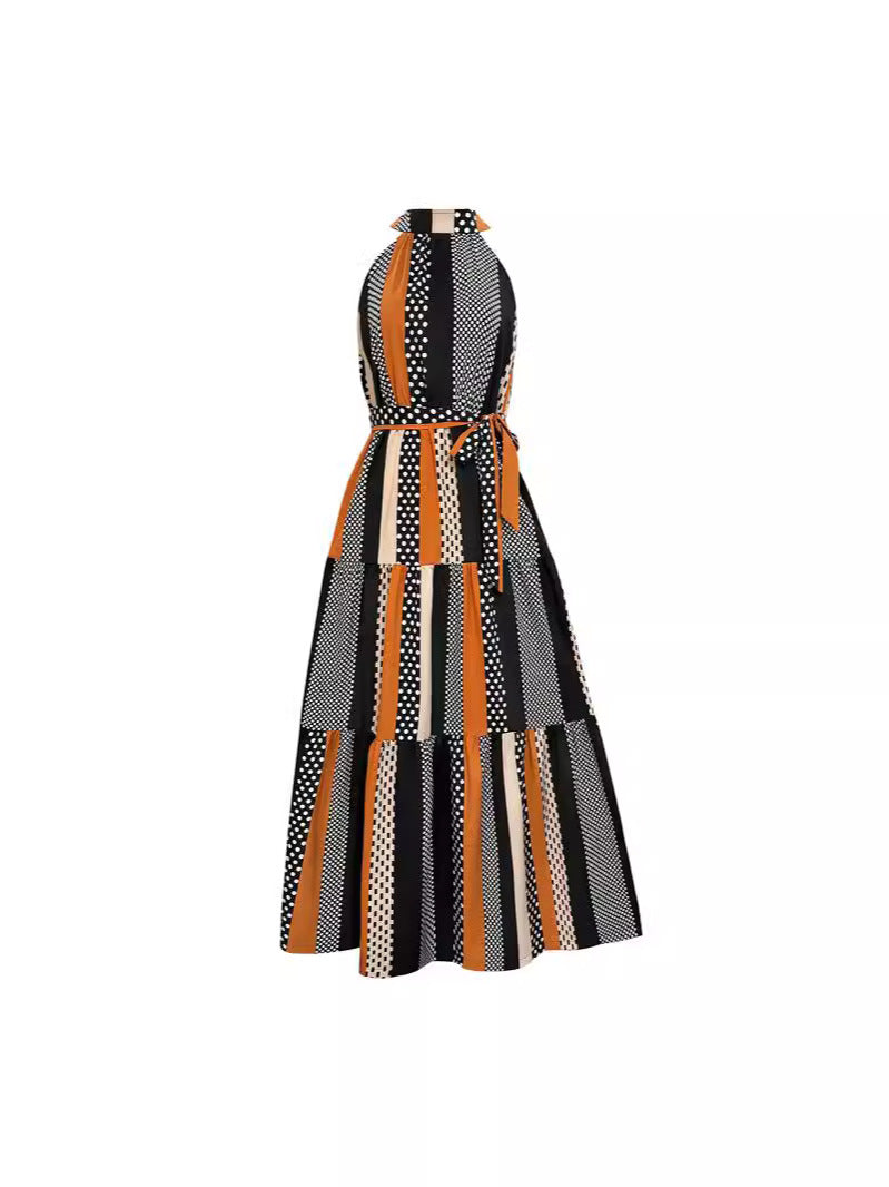 Damen Maxikleid mit modernem High-Neck Design und buntem Patchwork R&B