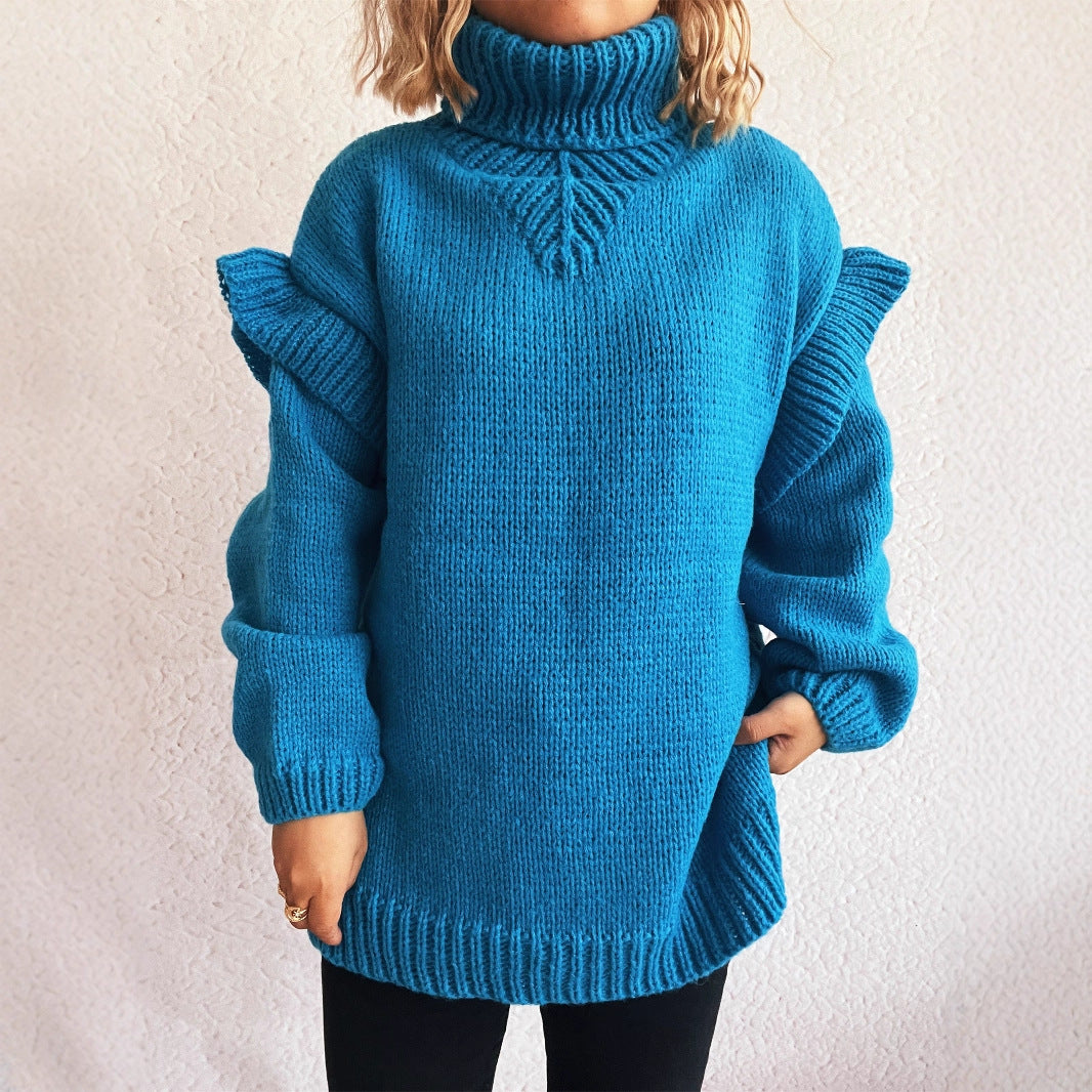 Damen kuscheliger Strickpullover mit Rüschenärmeln und hohem Kragen R&B