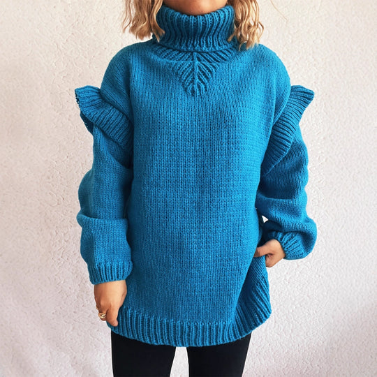 Damen kuscheliger Strickpullover mit Rüschenärmeln und hohem Kragen R&B