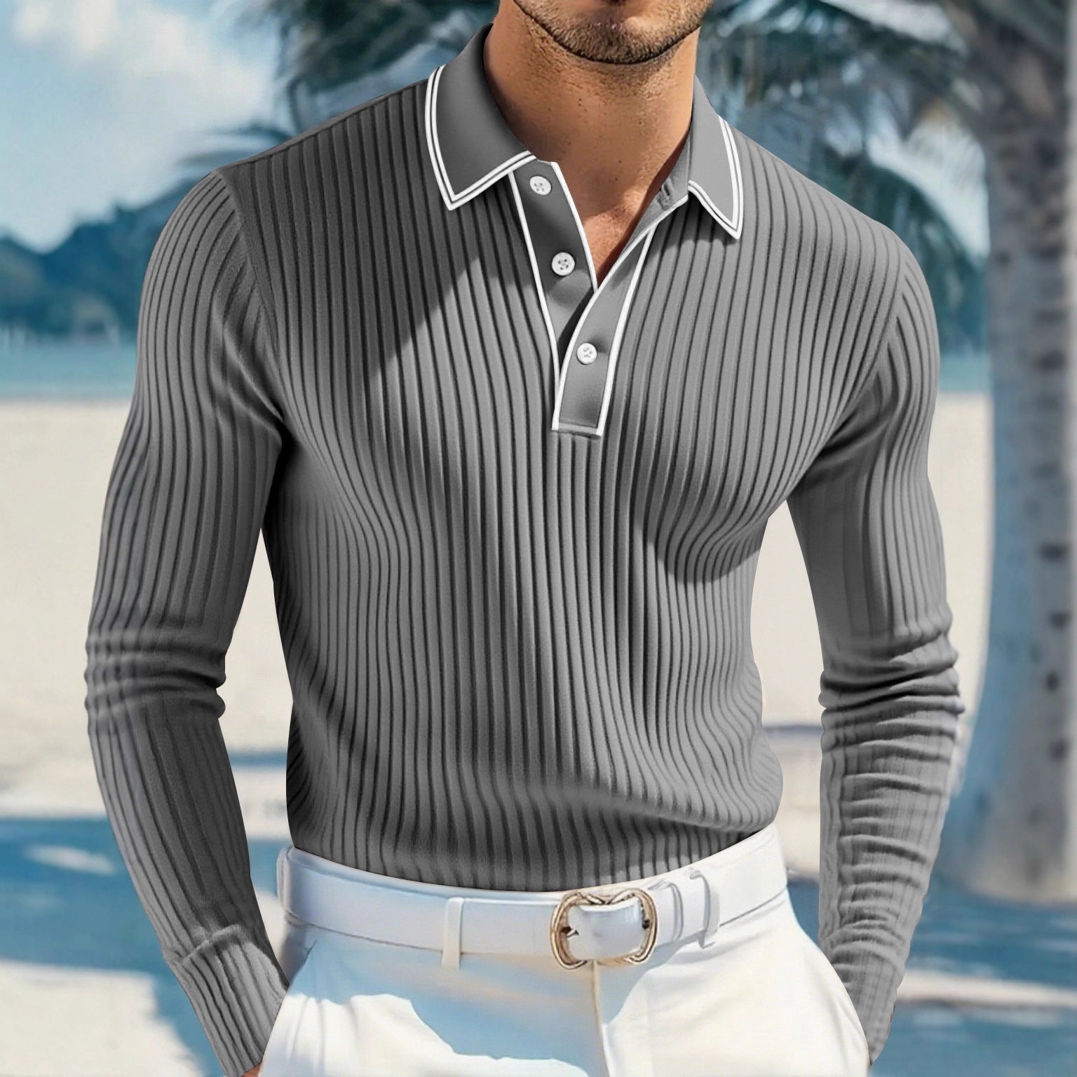 Herren Langarm-Polohemd mit strukturiertem Design R&B