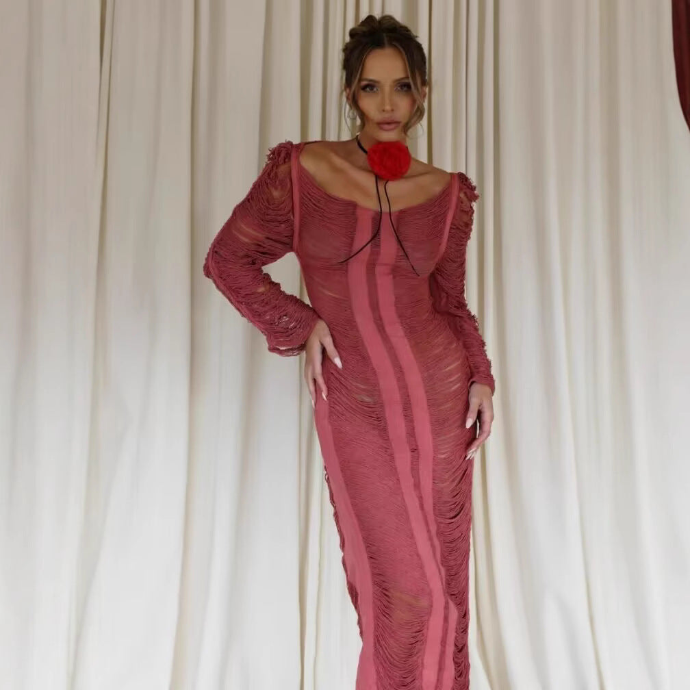 Damen elegantes Strandkleid mit raffinierten Fransen und transparenten Elementen R&B