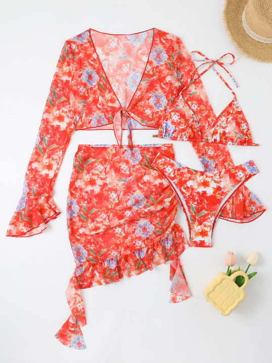 Damen Blusen-Badeoutfit mit buntem Blumenmuster R&B