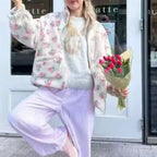 Damen nan Teddy-Fleece Jacke mit floralem Muster, Feincord-Einsätzen, Stehkragen und Reißverschluss R&B