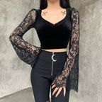 Damen Crop-Top mit eleganten Spitze-Ärmeln und figurbetontem Schnitt R&B