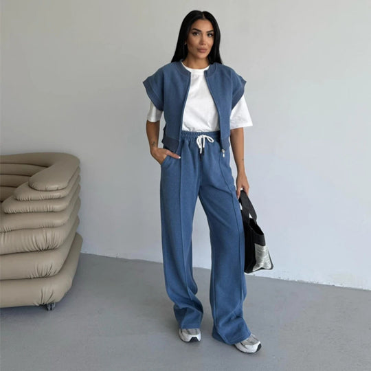 Damen sportliches Twin-Set mit kurzem Reißverschluss und weiten Hosen R&B