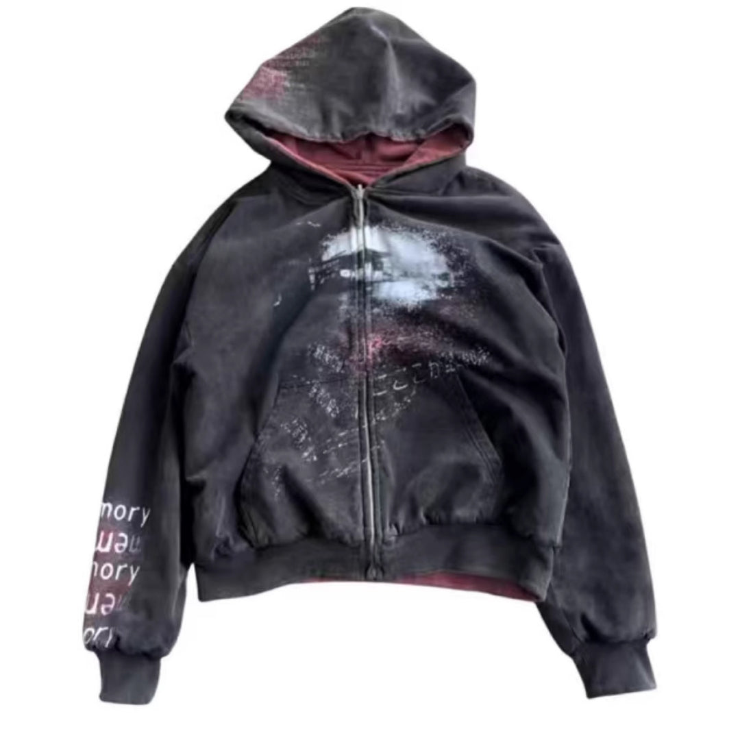 Unisex nan Kapuzenjacke mit durchgehendem Reißverschluss, Used‑Effekt, doppellagiger Kapuze und Ärmeldruck R&B