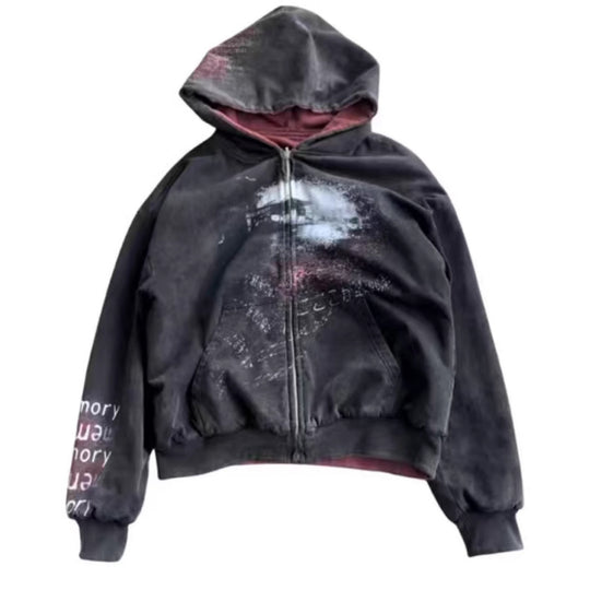 Unisex nan Kapuzenjacke mit durchgehendem Reißverschluss, Used‑Effekt, doppellagiger Kapuze und Ärmeldruck R&B
