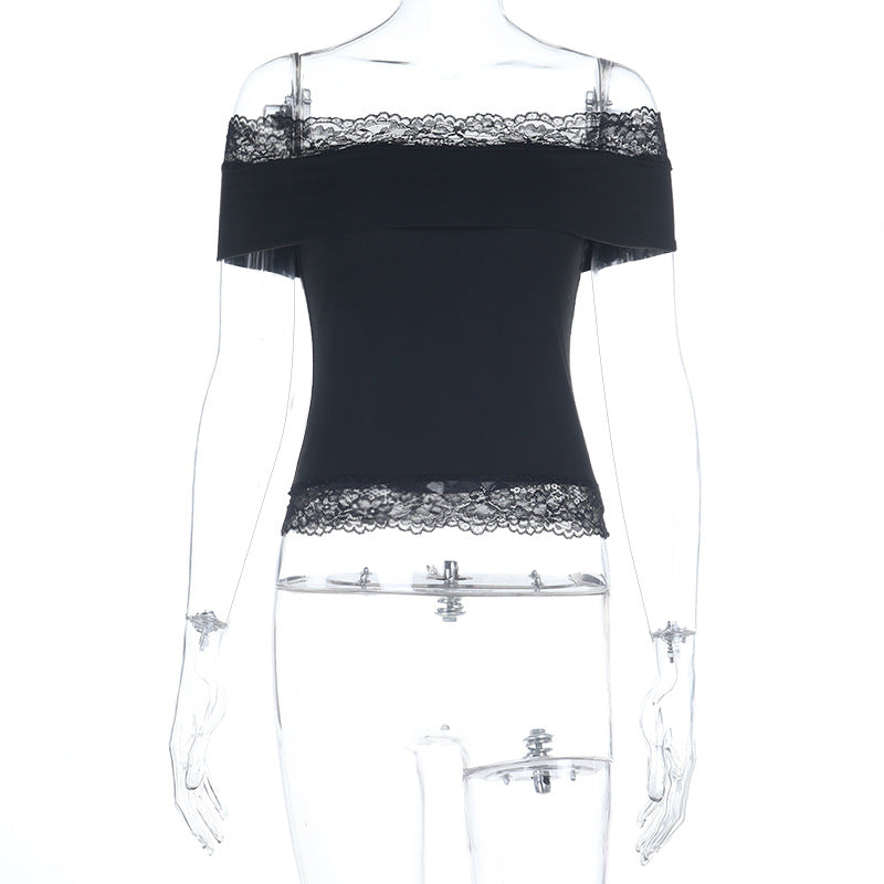 Damen schulterfreies Top mit Spitzenbesatz R&B