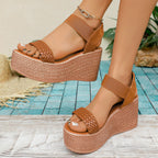 Damen Wedge-Sandalen mit geflochtenem Riemen und elastischem Knöchelriemen