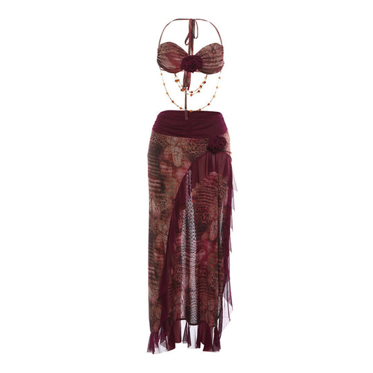 Damen elegantes Wickel-Badeanzug-Set mit floralem Design und Rüschen R&B