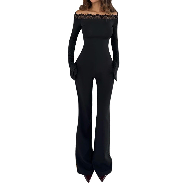 Damen eleganter Off-Shoulder Jumpsuit mit Spitzenakzenten und ausgestelltem Bein R&B