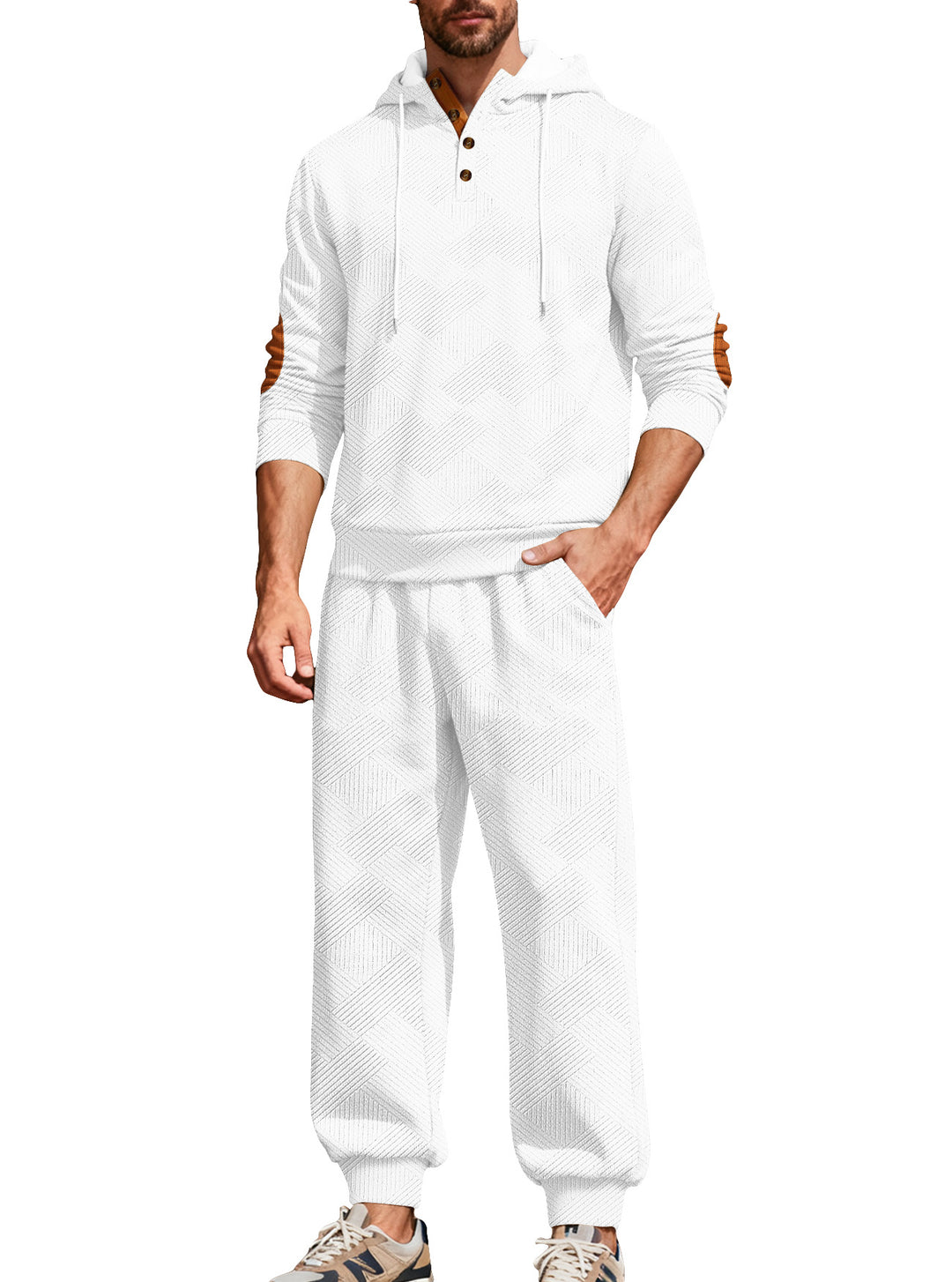 Herren nan strukturiertes Kapuzen-Joggingset mit Henley-Knopfleiste und Kontrast-Ellenbogenpatches R&B