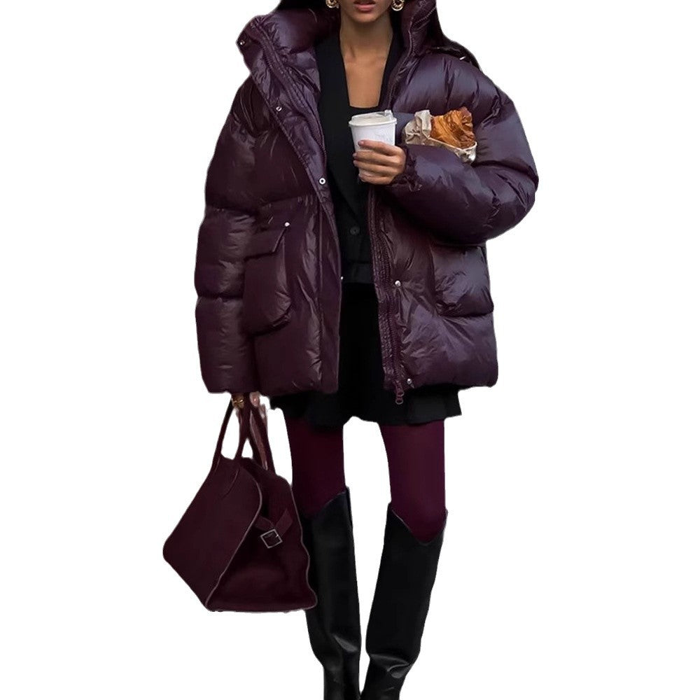 Damen Oversized Daunenjacke mit sichtbarem Steppdesign und hohem Kragen R&B