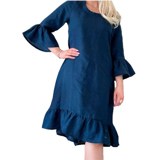 Damen Leichtes Leinenkleid mit Rüschendetails und weitem Schnitt R&B