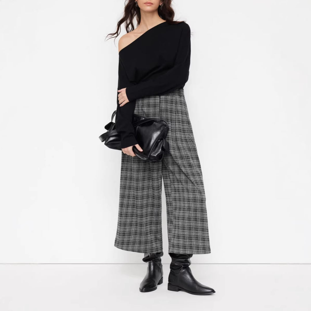Damen weit geschnittene Karohose mit hochgerundetem Bund R&B