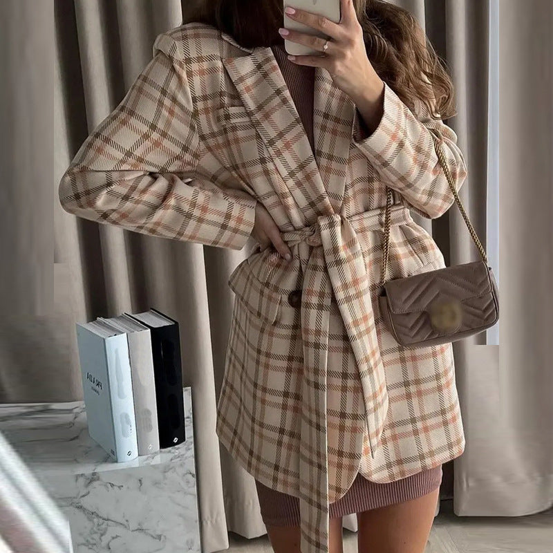 Damen Eleganter Karo-Bademantel mit Gürtel und Taschen R&B