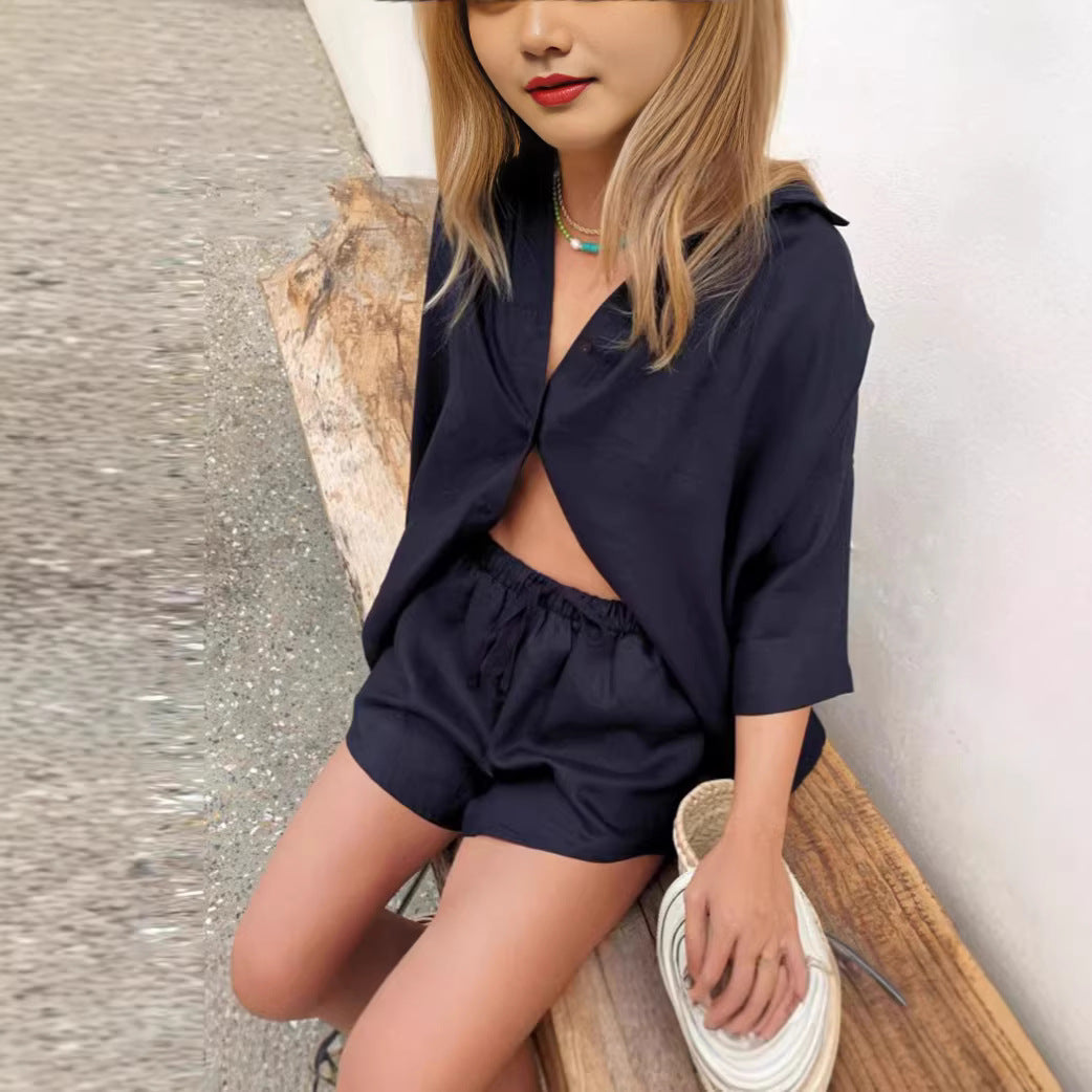 Damen luftige Leinenbluse mit Shorts R&B