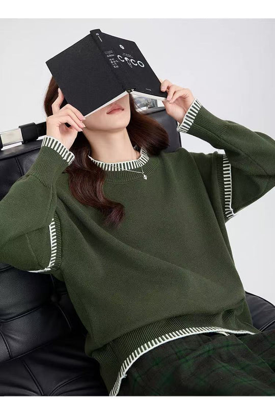 Damen Übergroßer Strickpullover mit Kontrastbündchen R&B