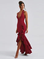Damen Elegant geschnittenes Abendkleid mit tiefem V-Ausschnitt und Rüschendetails R&B