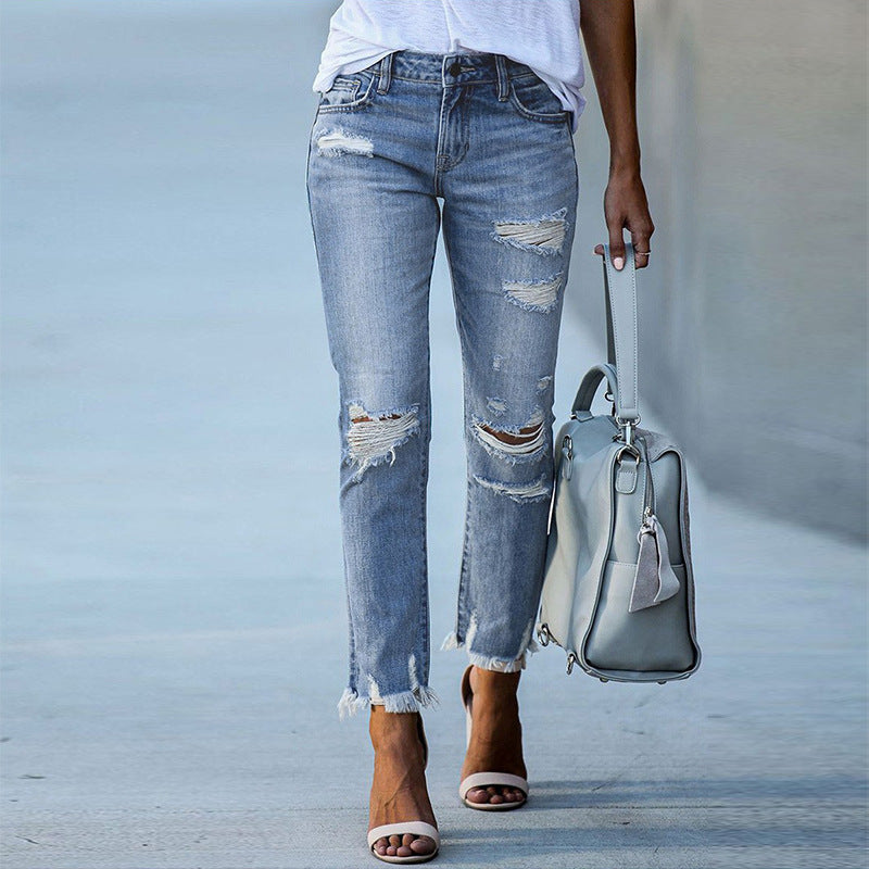 Damen destroyed Jeans mit fransigen Säumen und modischen Rissen R&B