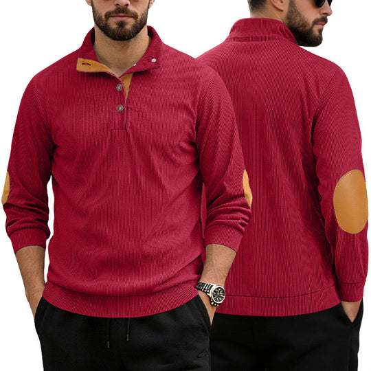 Herren nan lässiger Strukturpullover mit Polokragen, kurzer Knopfleiste und veganen Lederbesätzen R&B