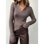Damen Eleganter, gerippter Pullover mit tiefem V-Ausschnitt R&B