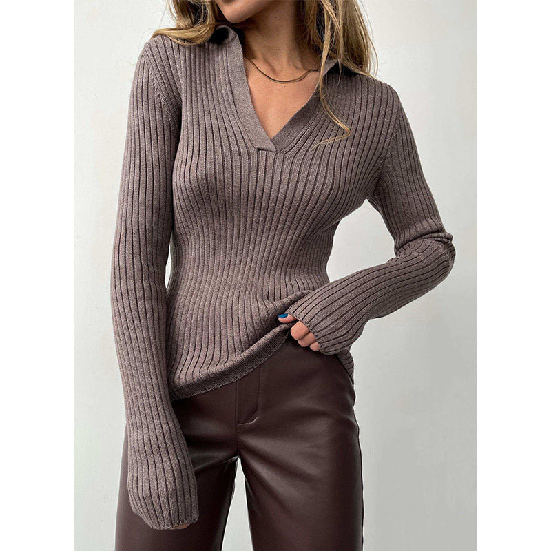 Damen Eleganter, gerippter Pullover mit tiefem V-Ausschnitt R&B