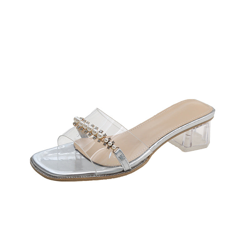 Damen Glamouröse Mules mit transparentem Obermaterial und funkelnden Perlenakzenten R&B