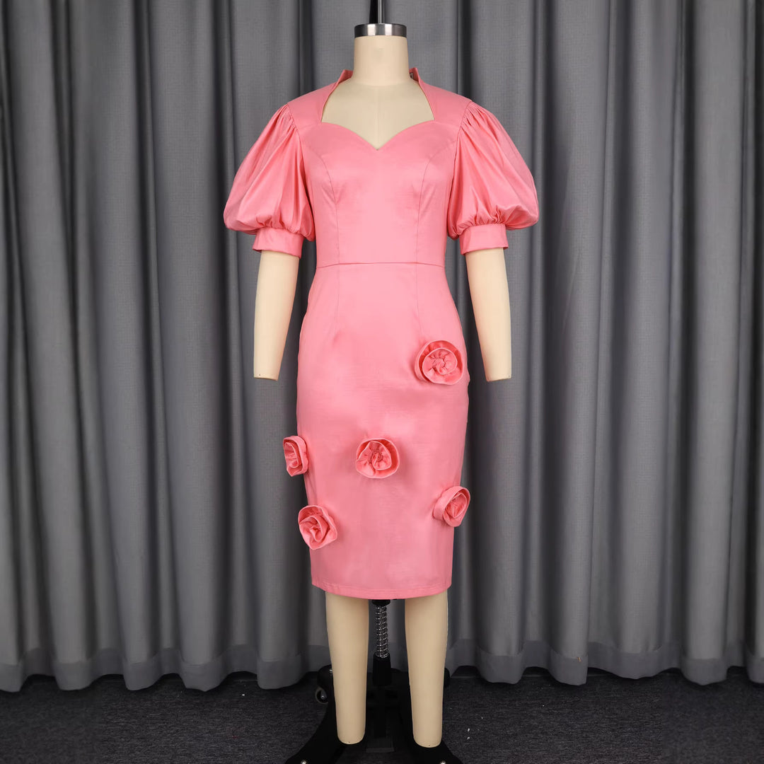 Damen Elegantes Kleid mit voluminösen Puffärmeln und floralem Akzent R&B