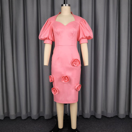 Damen elegantes Cocktailkleid mit Puffärmeln und Blumendetails R&B
