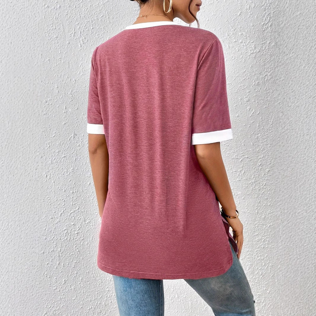 Damen V-Ausschnitt T-Shirt mit modischen Akzenten und bequemen Schnitt R&B
