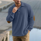 Herren nan gerippter Freizeit-Polo mit Kentkragen, kurzer Knopfleiste und Velours-Ellenbogenpatch R&B