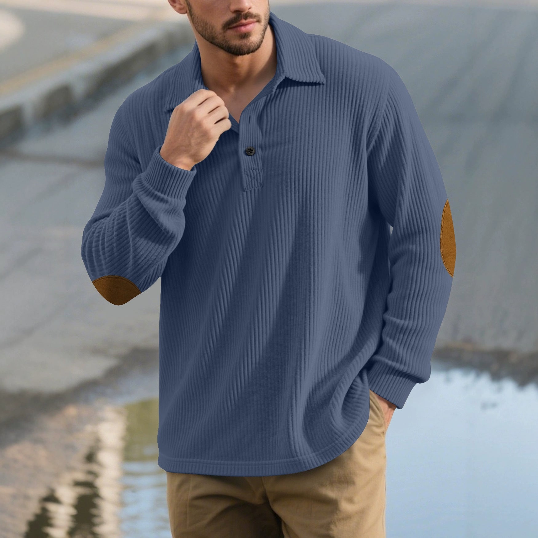 Herren nan gerippter Freizeit-Polo mit Kentkragen, kurzer Knopfleiste und Velours-Ellenbogenpatch R&B