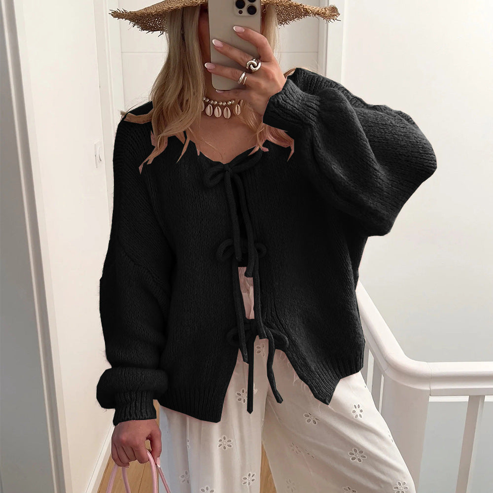 Damen lässiger Strickmantel mit Schleifenverschluss und voluminösen Ärmeln R&B