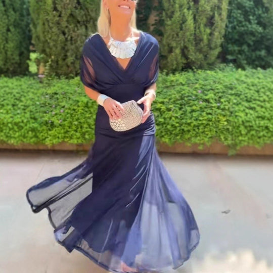 Damen nan fließendes Abendkleid mit transparentem Chiffon-Capelet, V-Ausschnitt und taillierter Drapierung R&B