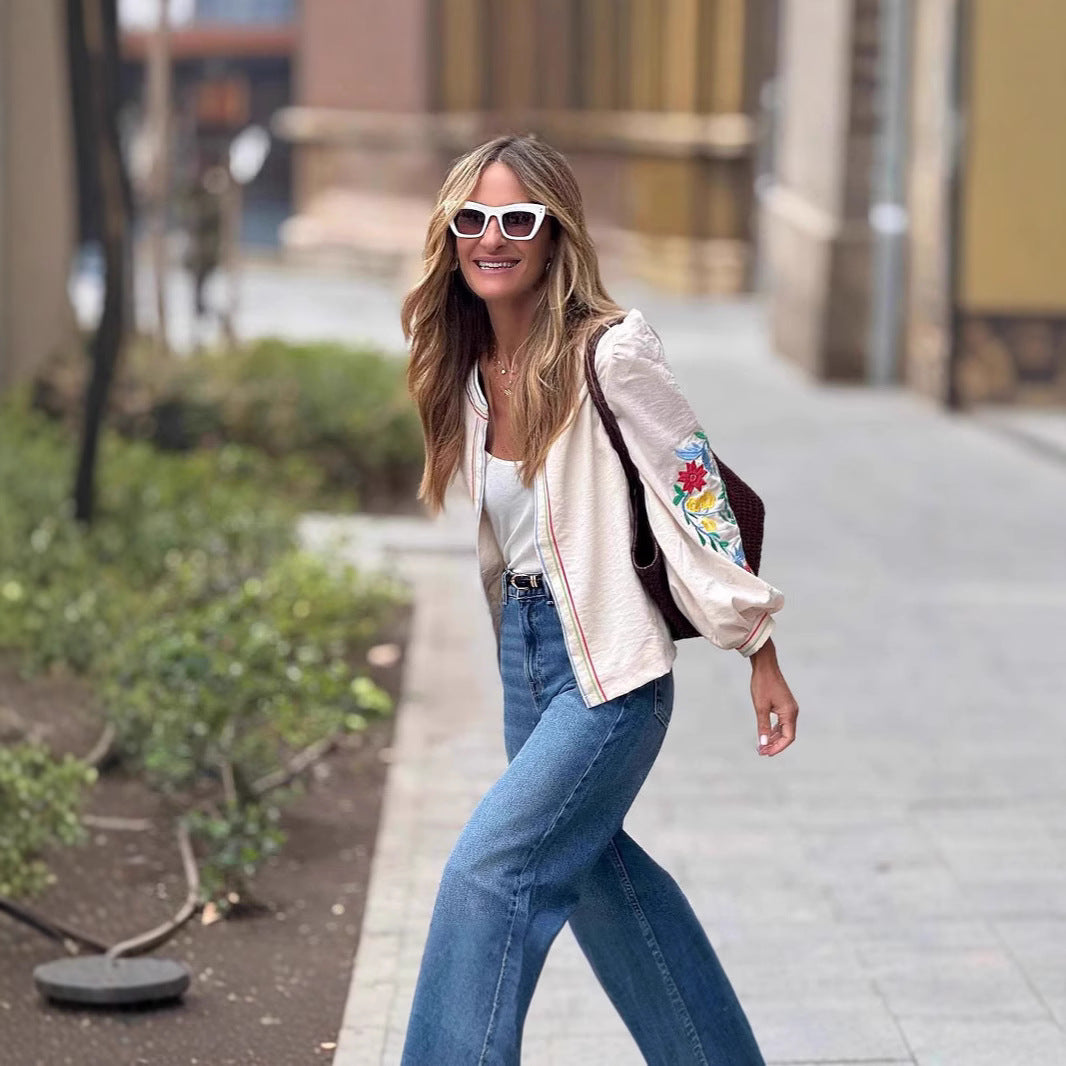 Damen trendige Bluse mit floralen Stickereien und Taillengürtel R&B