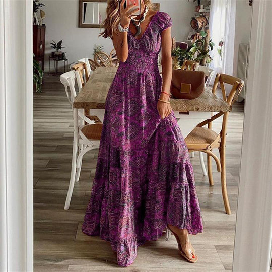 Damen Maxikleid mit voluminösem Rock und edlem V-Ausschnitt R&B