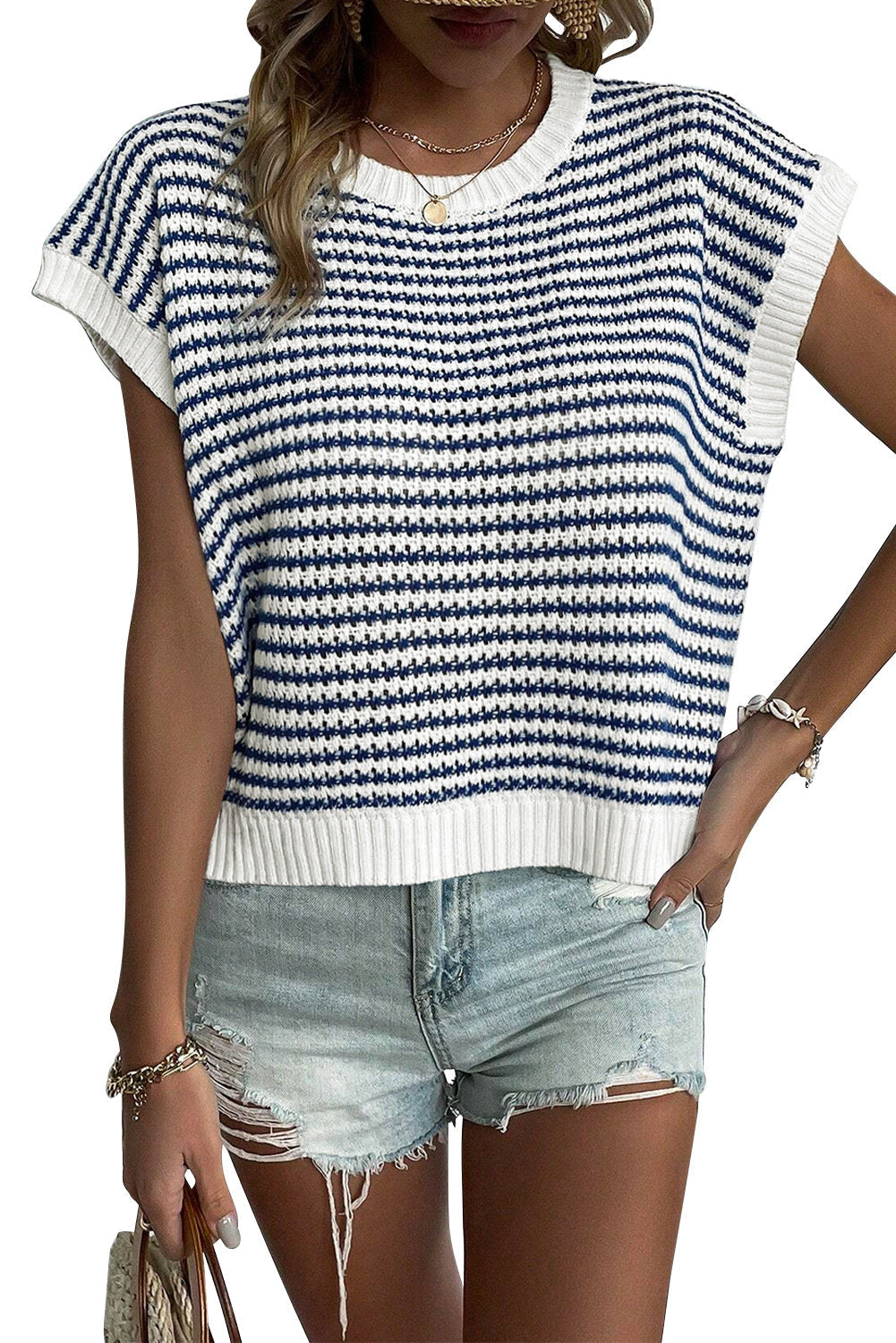 Damen lässiger Strickpullover mit modischem Streifenmuster und weitem Schnitt R&B