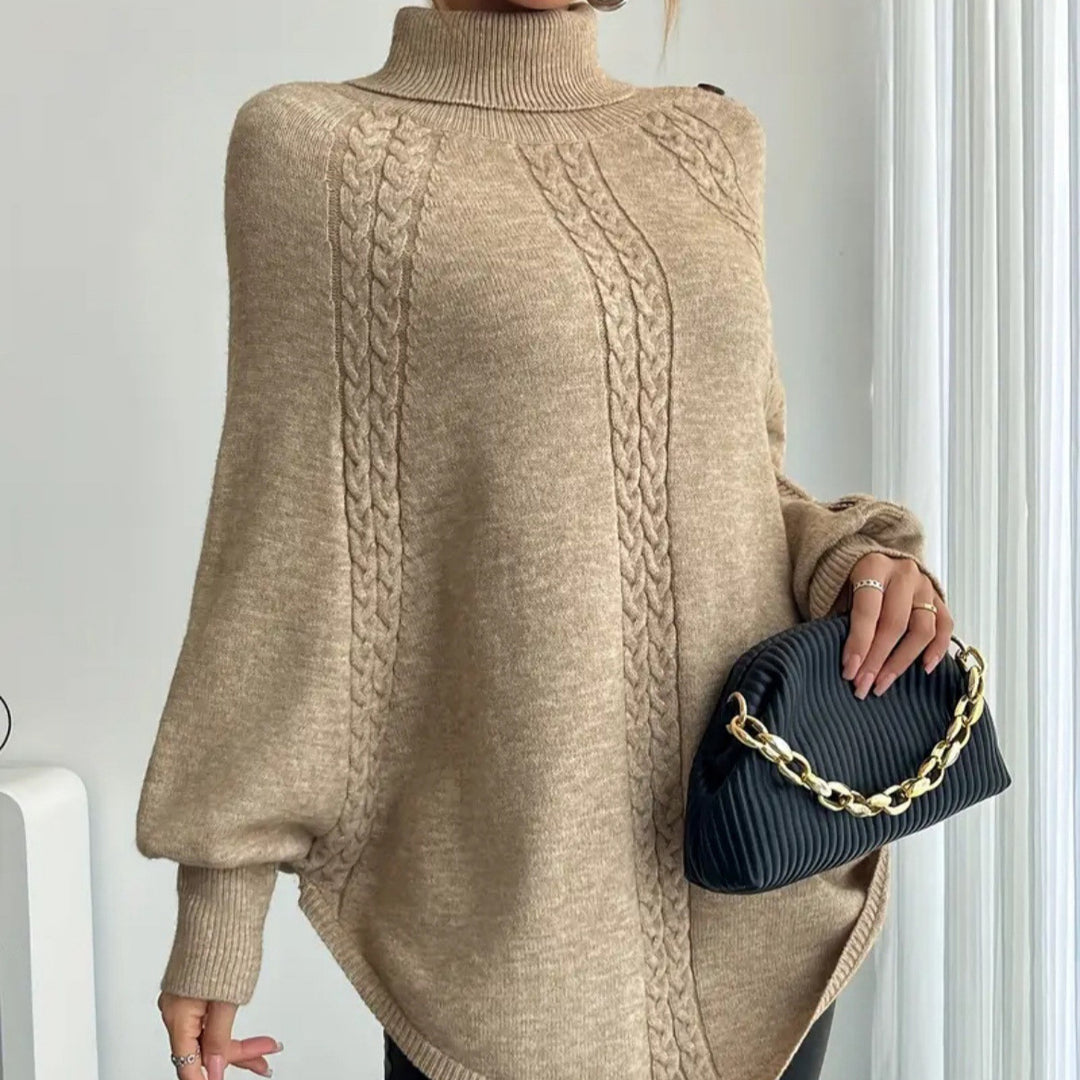 Damen Eleganter Strickponcho mit Rollkragen und Zopfmuster R&B