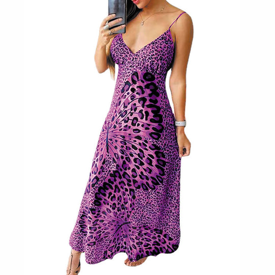 Damen Maxikleid mit feinem Spaghettiträger-Design und auffälligem Tiermuster R&B