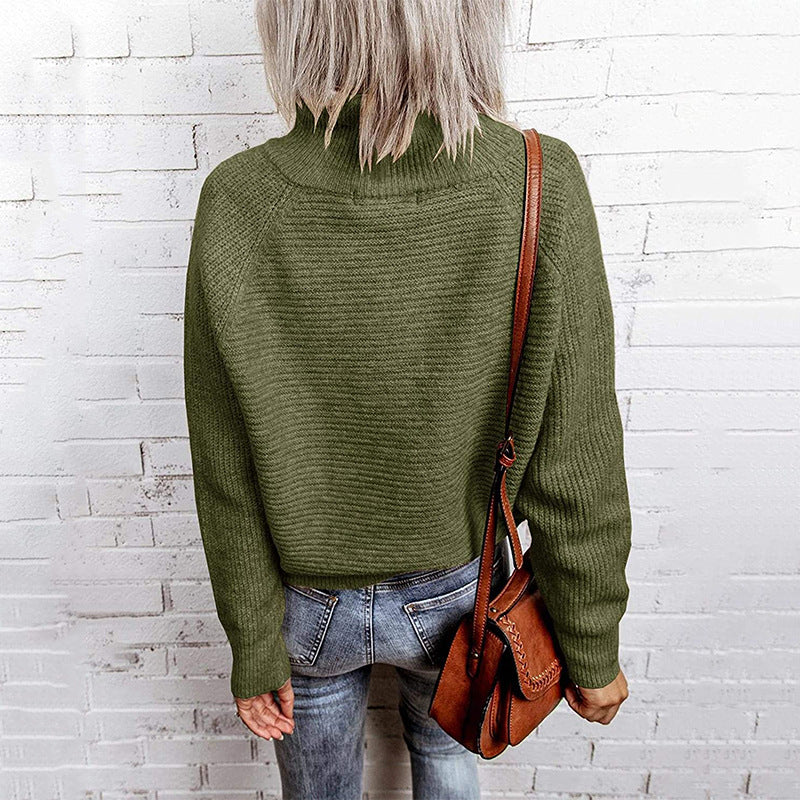 Damen lässiger Strickpullover mit hochgeschlossenem Kragen und dekorativen Nähten R&B