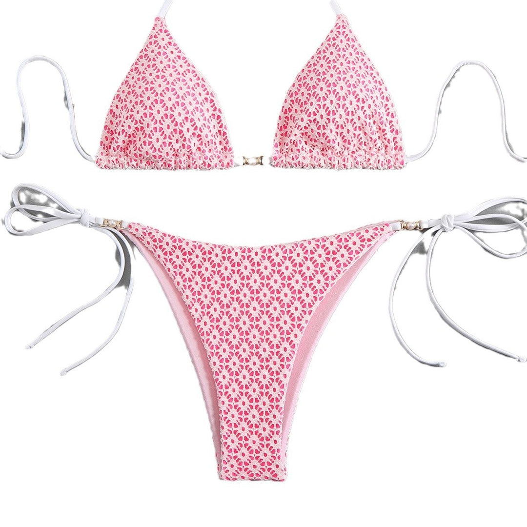 Damen Triangel-Bikini mit filigranem Blumendesign und charmanten Schleifen R&B