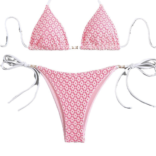 Damen Triangel-Bikini mit filigranem Blumendesign und charmanten Schleifen R&B