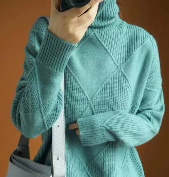 Damen hochwertiger Strickpullover mit stehendem Kragen und extravagantem Rautenmuster R&B