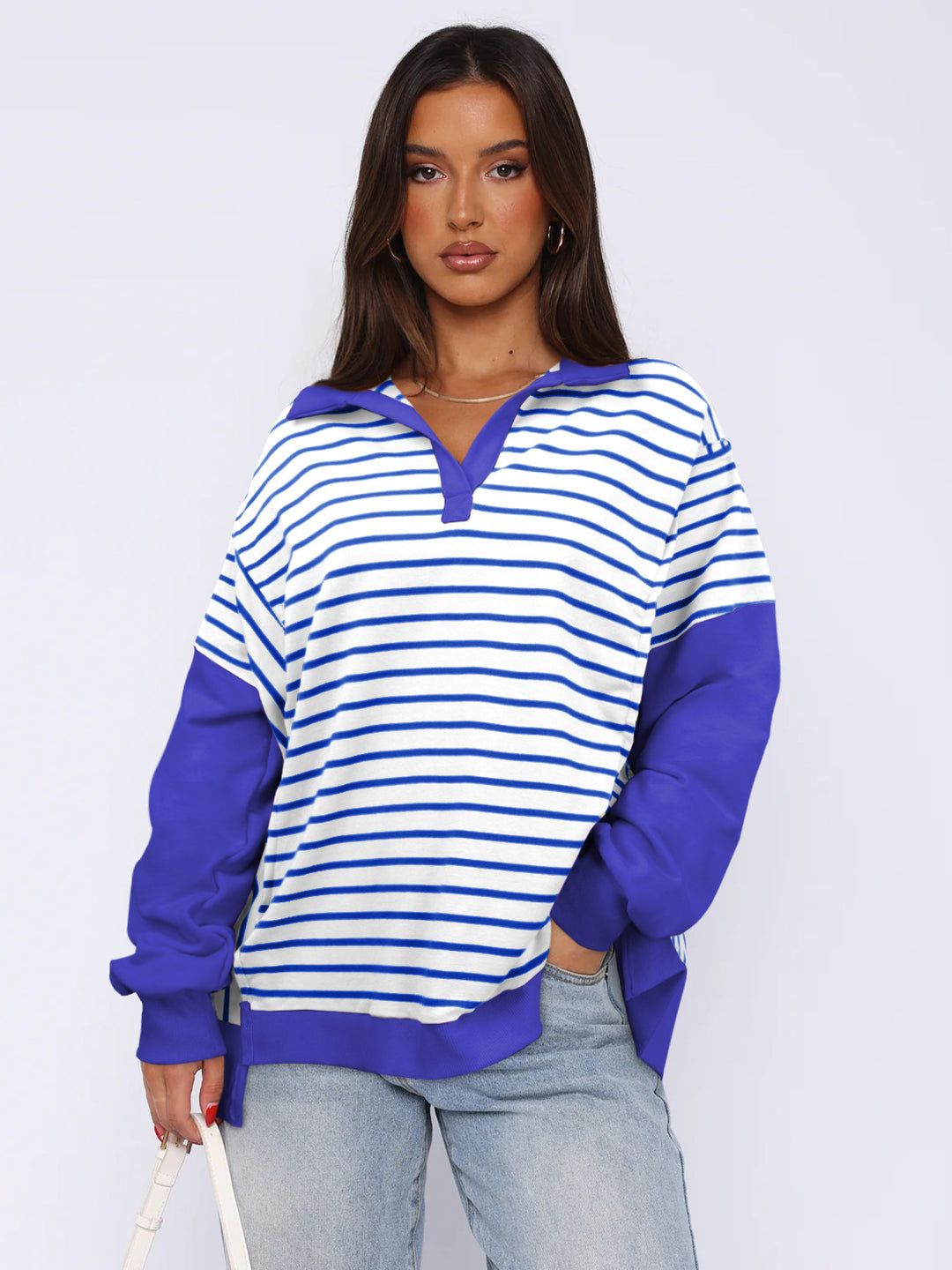 Damen Modischer Pullover mit gestreiftem Design und Kontrastdetails R&B