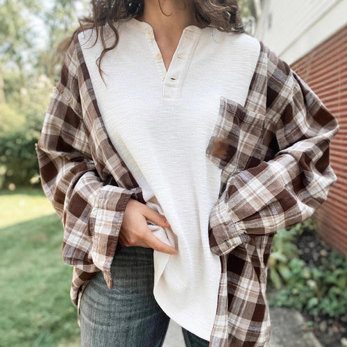 Damen nan karierter Flanell-Overshirt mit aufgesetzter Brusttasche, krempelbaren Ärmeln und legerer Oversize-Passform R&B