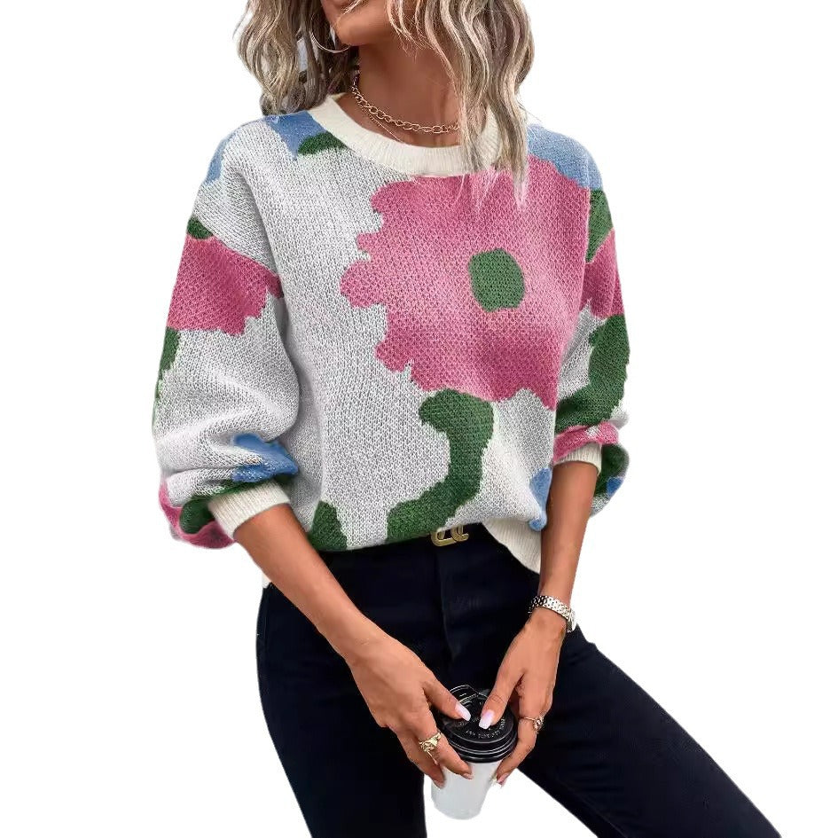 Damen modischer Pullover mit floralem Muster und weiten Ärmeln R&B