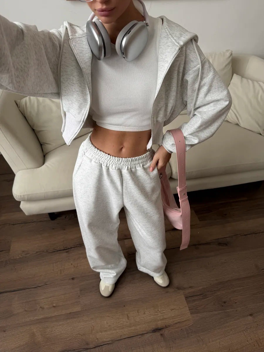 Damen trendiges cropped Sweatoutfit mit Kapuze und seitlichem Reißverschluss R&B
