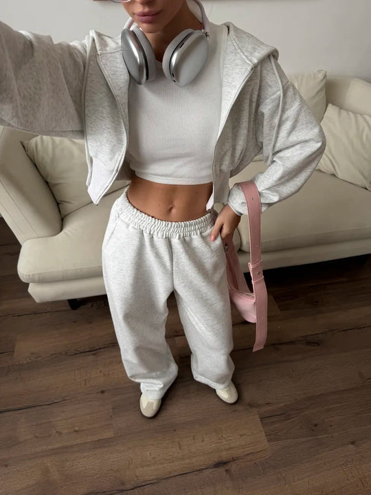 Damen trendiges cropped Sweatoutfit mit Kapuze und seitlichem Reißverschluss R&B